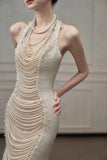 Fairytale Mermaid Halter Sleeveless Wedding Dresses Glittering Straps Pearls Wedding Dress HZ1024