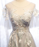 Gray round neck tulle lace long prom dress gray tulle formal dress HZ1024