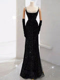 Elegant Mermaid Spaghetti Straps Black Sequin Long Prom Dresses Party Dress With Beads HZ1024