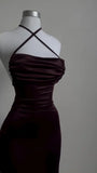 Elegant Sheath Halter Sleeveless Burgundy Satin Backless Prom Dresses Long Evening Dress HZ1024