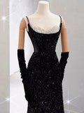 Elegant Mermaid Spaghetti Straps Black Sequin Long Prom Dresses Party Dress With Beads HZ1024
