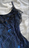 Elegant A Line Spaghetti Straps Navy Blue Chiffon Beads Long Prom Dresses Formal Dress HZ1024