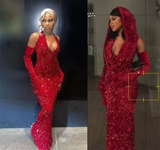 Sexy Mermaid Halter Red Sequin Long Prom Dress With Gloves HZ1024