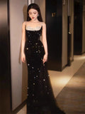 Elegant Mermaid Spaghetti Straps Black Sequin Long Prom Dresses Party Dress With Beads HZ1024