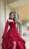 Elegant High Low Strapless Burgundy Satin Prom Dress Birthday Outfits With Sleeves HZ1024