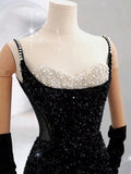 Elegant Mermaid Spaghetti Straps Black Sequin Long Prom Dresses Party Dress With Beads HZ1024