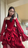 Elegant High Low Strapless Burgundy Satin Prom Dress Birthday Outfits With Sleeves HZ1024