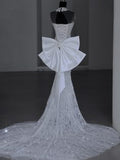 Chic Mermaid Scoop Neckline Cap Sleeves Tulle White Long Wedding Dresses With Bow HZ1024