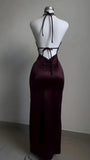 Elegant Sheath Halter Sleeveless Burgundy Satin Backless Prom Dresses Long Evening Dress HZ1024