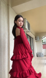 Elegant High Low Strapless Burgundy Satin Prom Dress Birthday Outfits With Sleeves HZ1024