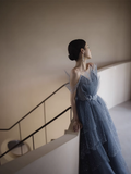 Luxury A line Spaghetti Straps Grey Blue Floor Length Prom Dresses HZ1024