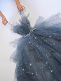 Luxury A line Spaghetti Straps Grey Blue Floor Length Prom Dresses HZ1024