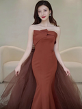 Simple Mermaid Strapless Brown Floor Length Tulle Prom Dress HZ1024