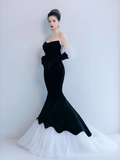 Mermaid Sleeveless Black Tulle Velvet Prom Dress HZ1024