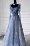 Cute A line Long Sleeves Blue Tulle Prom Dress HZ1024