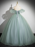 Ball Gown Off Shoulder Tulle Lace Green Long Sweet 16 Dresses HZ1024