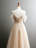 A-Line Off Shoulder Champagne Tulle Long Prom Dress HZ1024