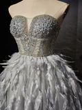 Gray Sweetheart Neck Tulle Beads Feather Homecoming Dresses HZ1024
