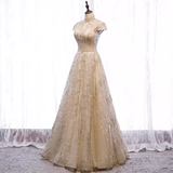 A line High Neckline Sequin Long Gold Prom Dress HZ1024