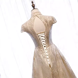 A line High Neckline Sequin Long Gold Prom Dress HZ1024