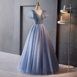 A line V Neckline Short Sleeves Long Blue Prom Dress HZ1024