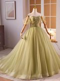 Vintage Ball Gown Short Sleeves Green Sweet 16 Dresses HZ1024