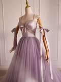 Modest A line Straps Tulle Long Lilac Prom Dress HZ1024