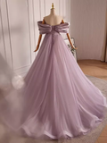 Modest A line Off The Shoulder Tulle Long Lilac Prom Dress HZ1024