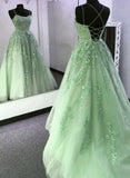 Simple A-Line Spaghetti Straps Lace Light Sky Blue Backless Long Prom Dress HZ1024