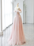 A-Line Off Shoulder Tulle Beads Pink Long Prom Dress HZ1024