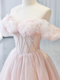 A-Line Off Shoulder Tulle Beads Pink Long Prom Dress HZ1024