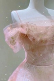 Modest A line Straps Pink Lace Ankle Length Prom Dress HZ1024