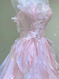 Fairy A Line Sleeveless Pink Long Floral Prom Dress HZ1024