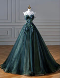 Elegant A line Dark Green Tulle Long Prom Dress HZ1024