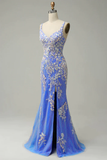 Charming Mermaid Straps Tulle Blue Lace Slit Long Prom Dress HZ1024