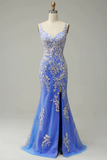 Charming Mermaid Straps Tulle Blue Lace Slit Long Prom Dress HZ1024