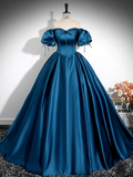 Simple A-Line Puff Sleeves Satin Peacock Blue Long Prom Dresss HZ1024