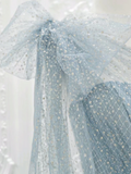 A-Line One Shoulder Tulle Sequin Gray Blue Long Prom Dress HZ1024