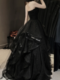 A-Line Sweetheart Neck Tulle Black Long Prom Dress HZ1024