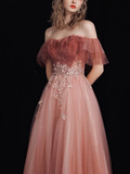 A-Line Off Shoulder Tulle Lace Burgundy Long Prom Dress HZ1024