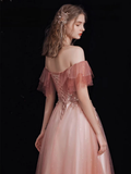 A-Line Off Shoulder Tulle Lace Burgundy Long Prom Dress HZ1024