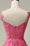 Modest A line Straps Pink Lace Slit Prom Dress Evening Dresses HZ1024