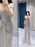 Pretty Mermaid Off The Shoulder Sequin Long Evening Dress Prom Dresses With Beads HZ1024
