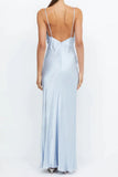 Blue Deep V-Neck Satin Sleeveless Sheath Long Formal Evening Dress HZ1024