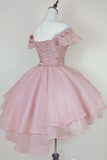 Pink Lace Homecoming Gown with Beading, Princess Off the Shoulder Hoco Dress HZ1024