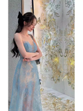 A Line Scoop Neckline Sleeveless Lace Blue Prom Dress HZ1024