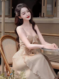 A Line Straps Sleeveless Chiffon Champagne Prom Dress HZ1024