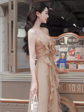 A Line Straps Sleeveless Chiffon Champagne Prom Dress HZ1024