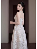 A Line Scoop Sleeveless Lace White Ankle Length Prom Dress HZ1024
