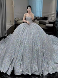 Ball Gown Strapless Sequin Silver Long Prom Dresses HZ1024
